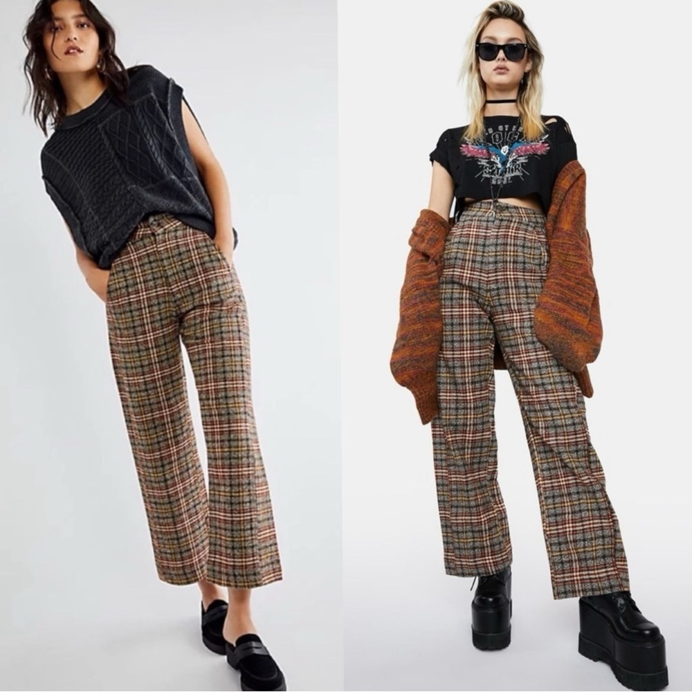 Free People Dark Academia Tartan Plaid Wide Leg Shape Up Trouser Pants Size 2 - Picture 1 of 15